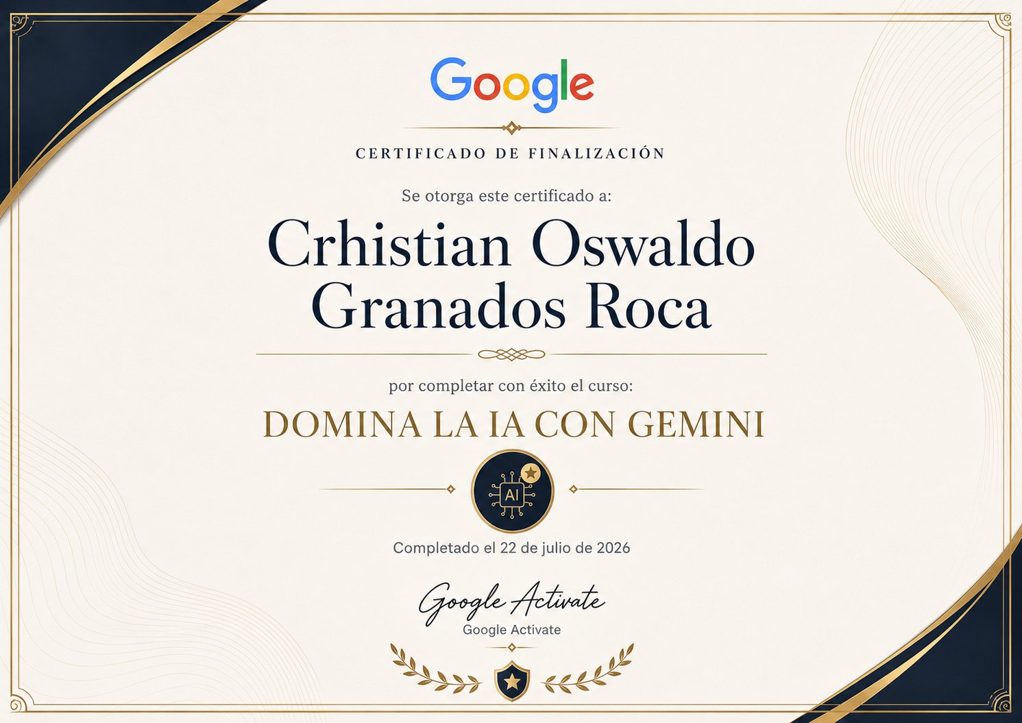 Certificado Google Actívate - Domina la IA con Gemini de Cristian Skylar (Crhistian Granados)
