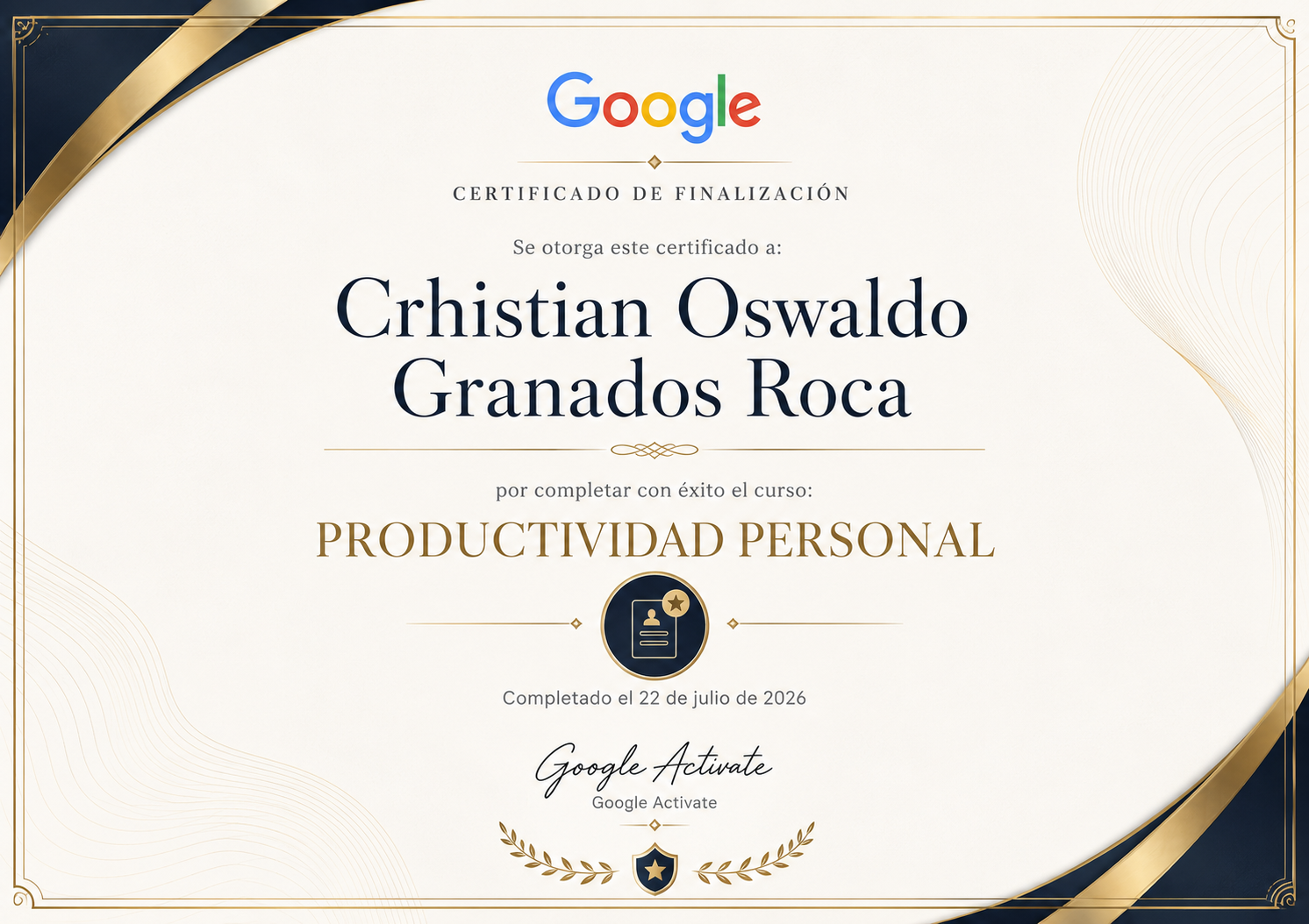 Certificado Google Actívate - Productividad Personal de Cristian Skylar (Crhistian Granados)