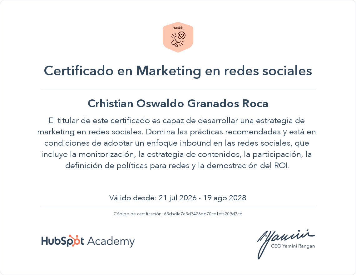 Certificado HubSpot Academy - Marketing en Redes Sociales de Cristian Skylar (Crhistian Granados)