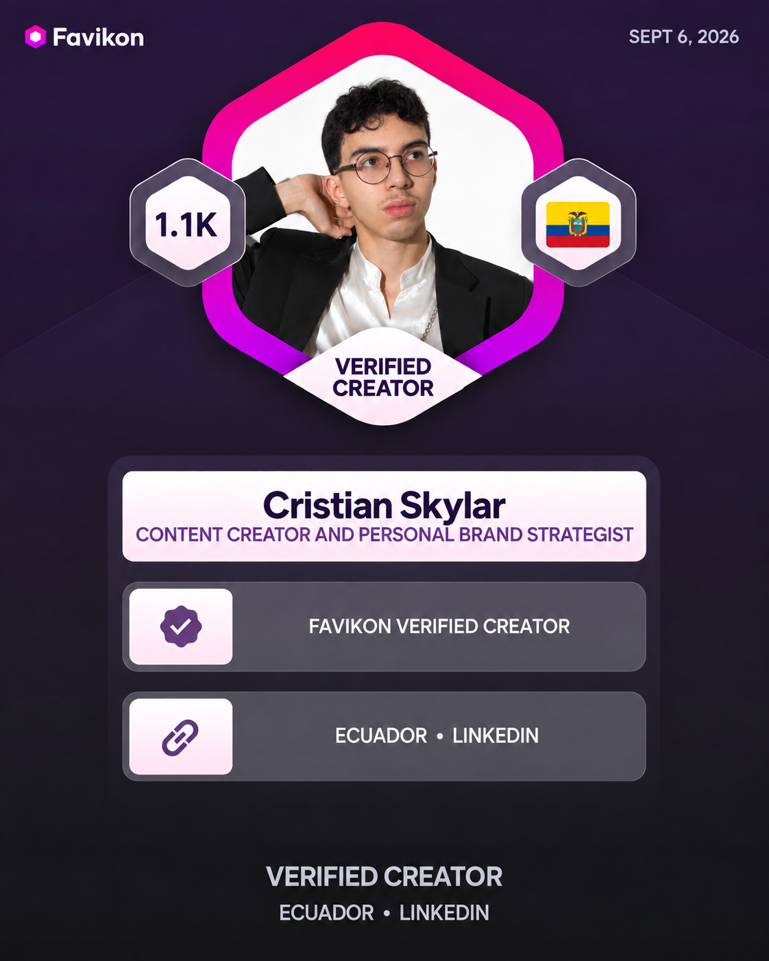Reconocimiento de Favikon a Cristian Skylar como creador verificado e influyente en Ecuador