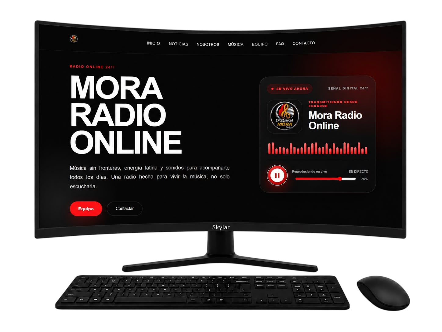 Proyecto web de Mora Radio presentado en una pantalla Skylar