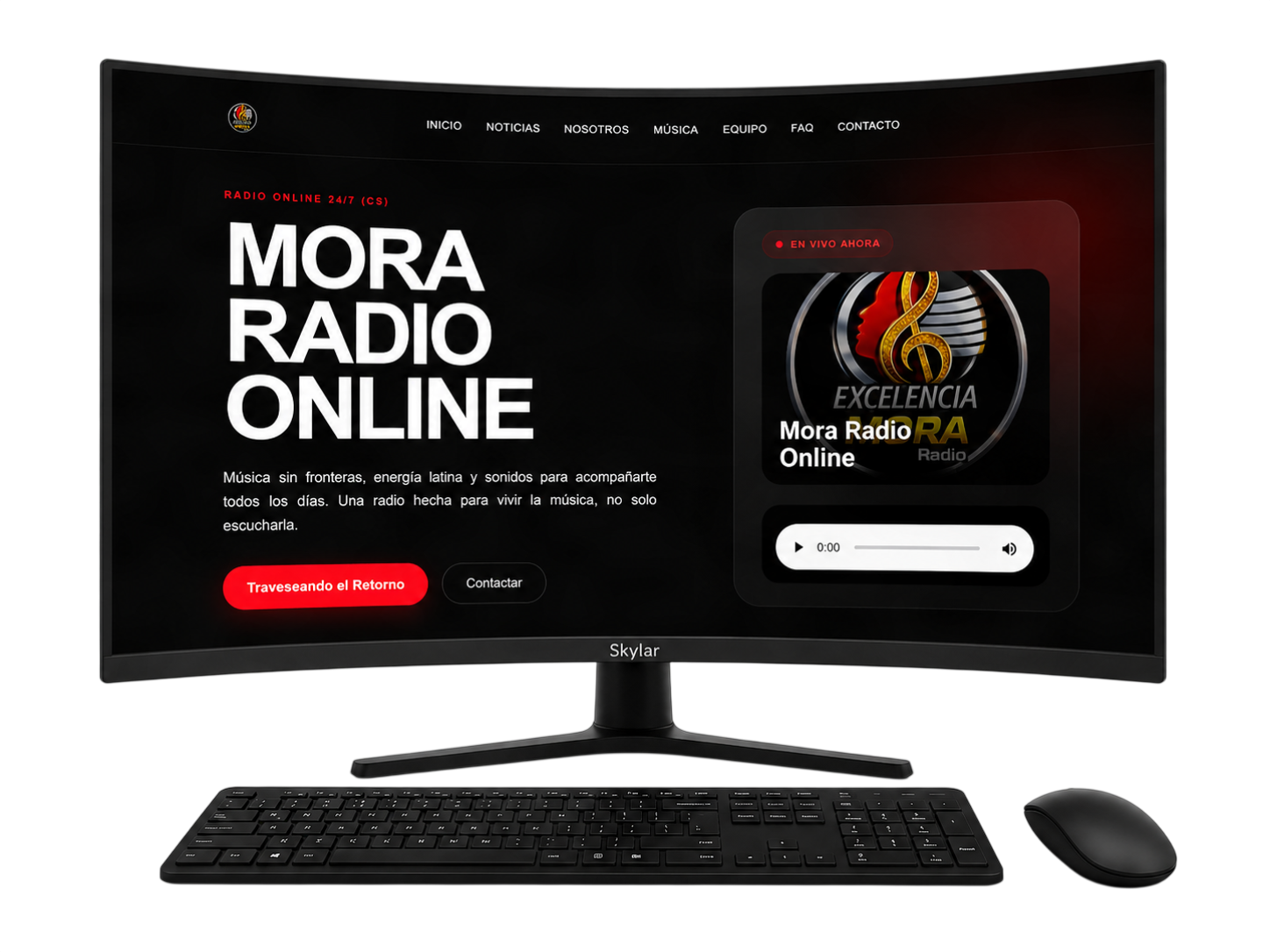 Proyecto web de Mora Radio presentado en una pantalla Skylar